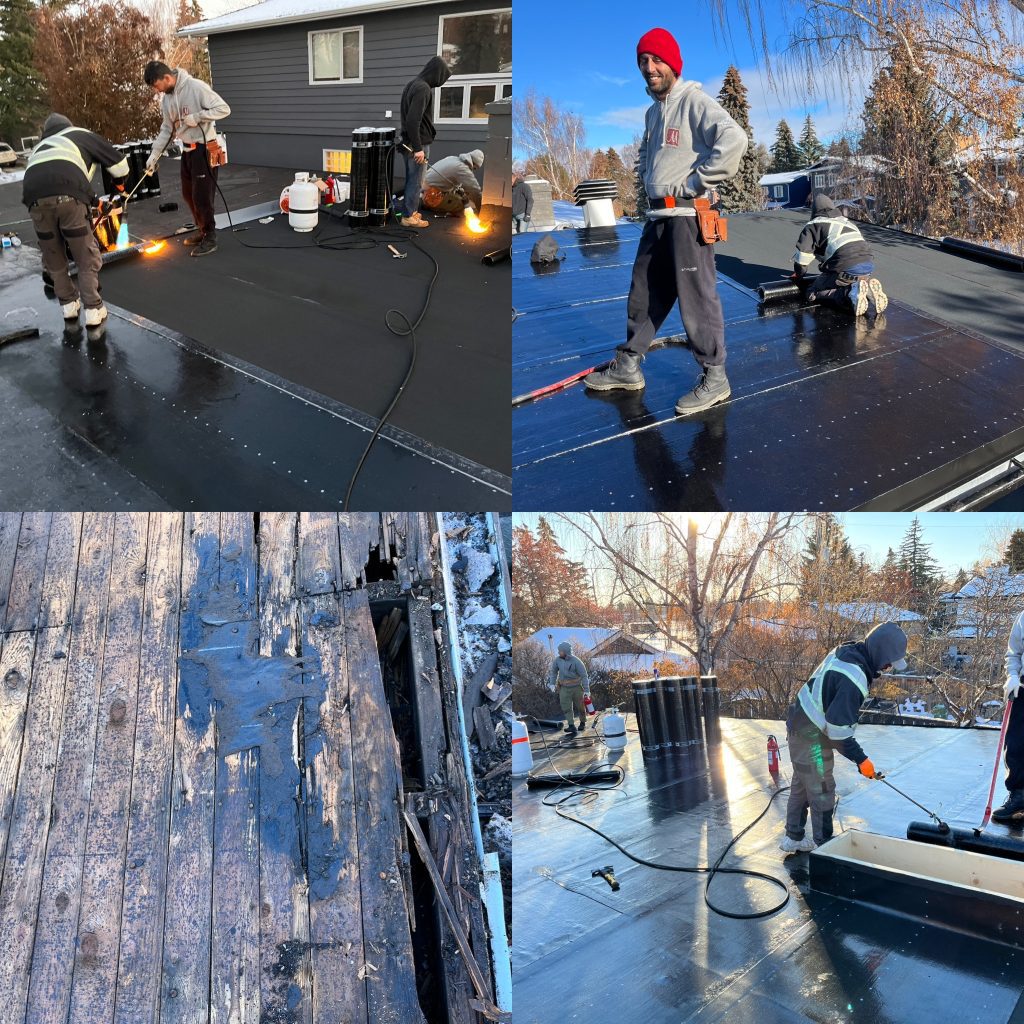 collage of 4 photos showing SBS flat torch down roof installation in Calgary