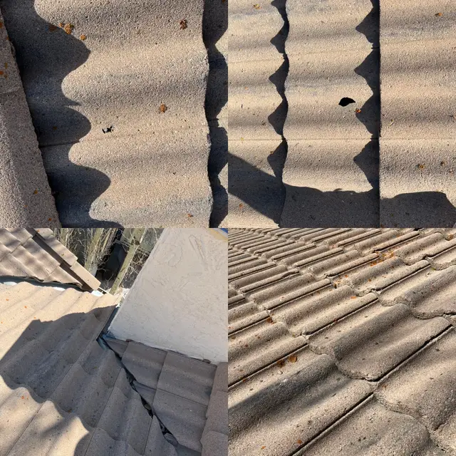 Clay roof tile replacement on a Calgary home, before and after