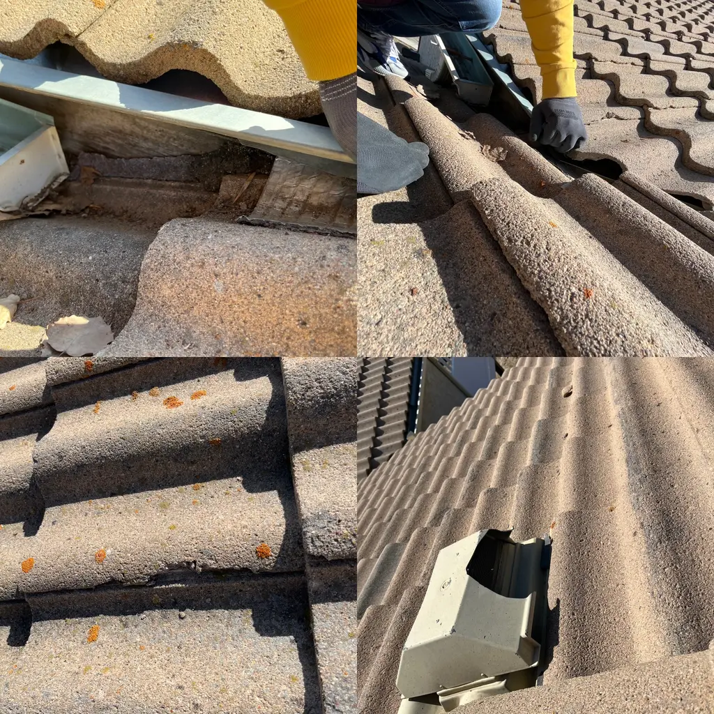 Concrete tile roof inspection in Calgary showing a broken vent, deteriorated mortar and a damaged fascia board