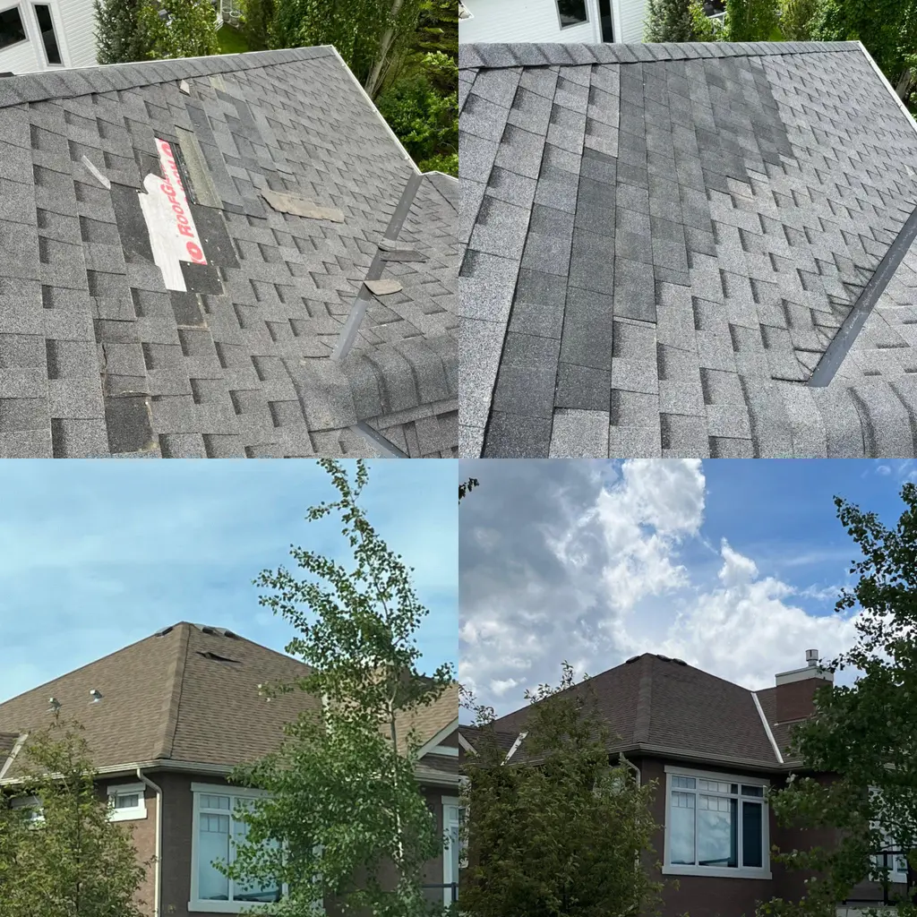 Four photos of an emergency repair to wind-lifted shingles on a Calgary roof: exposed underlayment and loose shingle tabs, the shingles laid back down, and the roofline from the street before and after