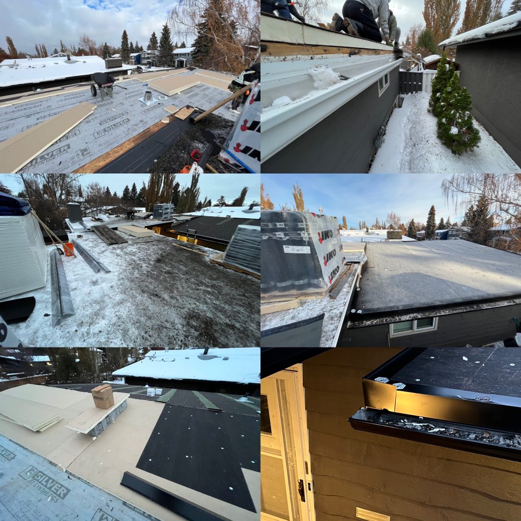 EPDM flat roofing installation in progress collage of 6 photos