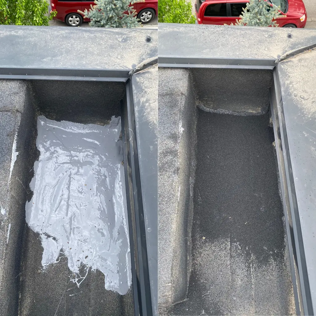 Flat roof scooper drain repair in Calgary using Soprema products