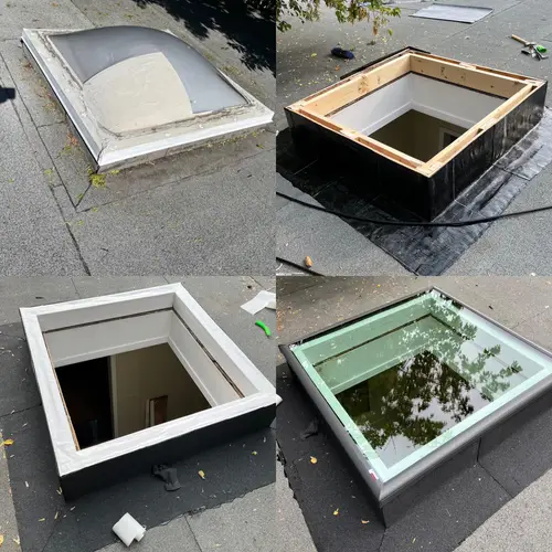 Flat-roof skylight replacement in Calgary, from failed dome to finished Velux unit