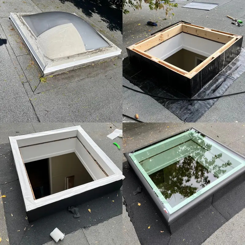 Four stages of a Calgary flat roof skylight replacement: failed acrylic dome, new 2x6 curb framing with SBS membrane flashing, prepped opening, and the finished Velux glass skylight