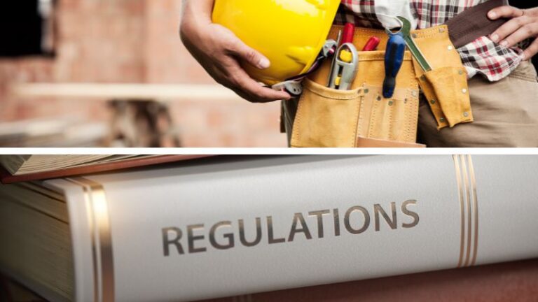 collage of roofing regulation book, pouch and hard hat