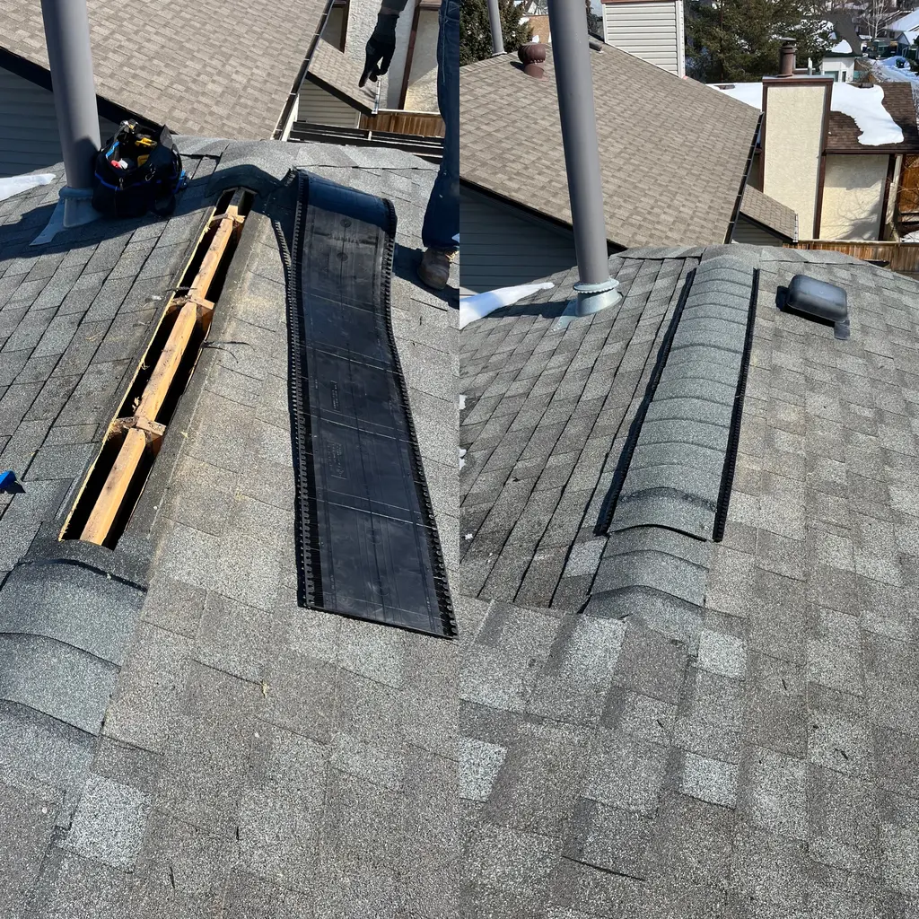Left: view of the ridge board and ridge vent opening. Right: the finished ridge vent installation improving attic ventilation to prevent attic rain in Calgary
