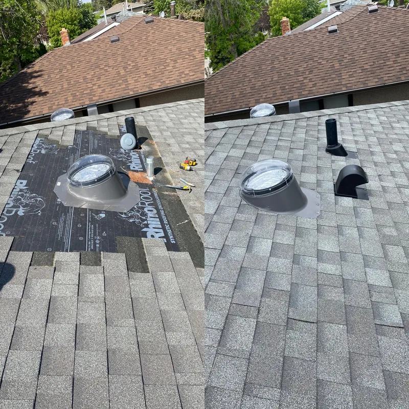Velux Sun Tunnel install on a Calgary roof, before with exposed underlayment and after with new gooseneck vent and plumbing pipe boot