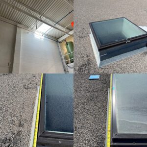 collage of 4 photos of commercial skylight on flat roof